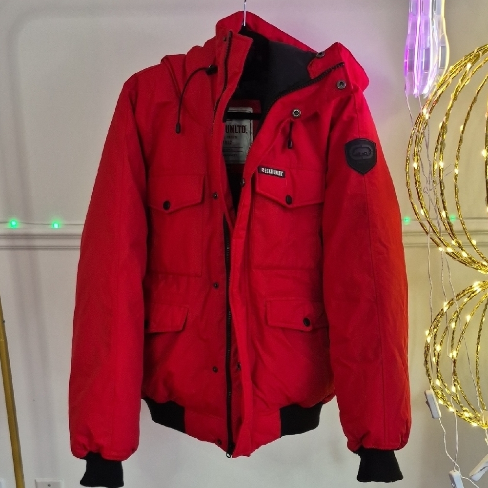 Ecko Unlimited Red Puffer Jacket with Hood